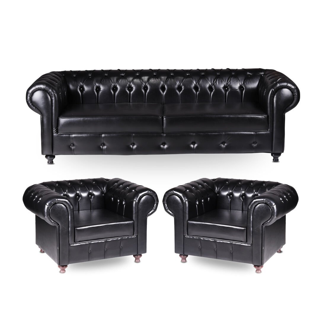 Chester Siyah Deri Kanepe Takımı (1 Üçlü 2 Tekli)