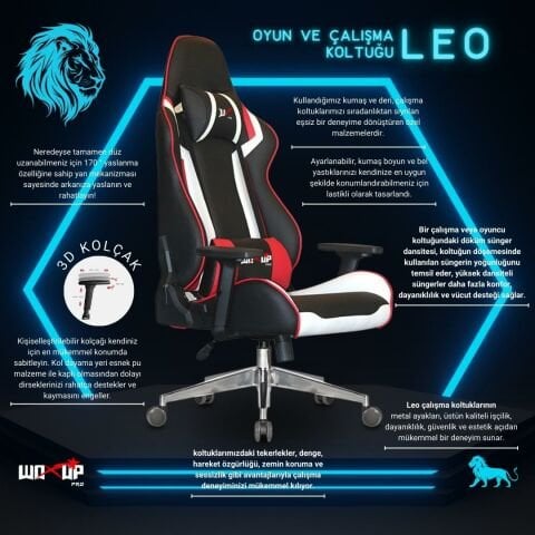 Woxup Leo Kırmızı Beyaz Deri Oyuncu Koltuğu
